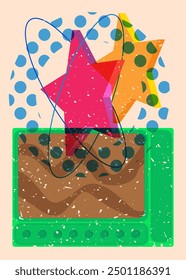 Risograph Television with geometric shapes. Objects in trendy riso graph print texture style design with geometry elements.