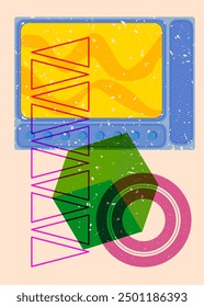 Risograph Television with geometric shapes. Objects in trendy riso graph print texture style design with geometry elements.