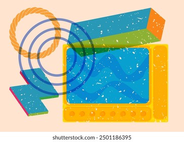 Risograph Television with geometric shapes. Objects in trendy riso graph print texture style design with geometry elements.