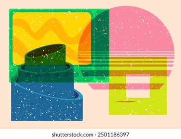 Risograph Television with geometric shapes. Objects in trendy riso graph print texture style design with geometry elements.