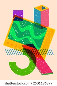 Risograph Television with geometric shapes. Objects in trendy riso graph print texture style design with geometry elements.