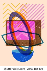 Risograph Television with geometric shapes. Objects in trendy riso graph print texture style design with geometry elements.