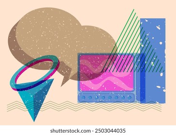 Risograph Television with speech bubble with geometric shapes. Objects in trendy riso graph print texture style design with geometry elements.