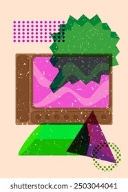 Risograph Television with speech bubble with geometric shapes. Objects in trendy riso graph print texture style design with geometry elements.