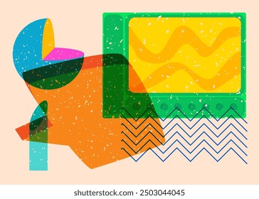 Risograph Television with speech bubble with geometric shapes. Objects in trendy riso graph print texture style design with geometry elements.