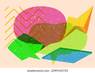 Risograph three speech bubble with geometric shapes. Objects in trendy riso graph print texture style design with geometry elements.