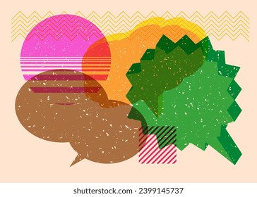Risograph three speech bubble with geometric shapes. Objects in trendy riso graph print texture style design with geometry elements.