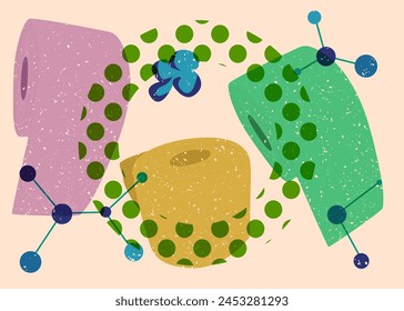 Risograph toilet paper with geometric shapes. Objects in trendy riso graph print texture style design with geometry elements.