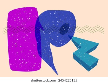 Risograph toilet paper with speech bubble with geometric shapes. Objects in trendy riso graph print texture style design with geometry elements.