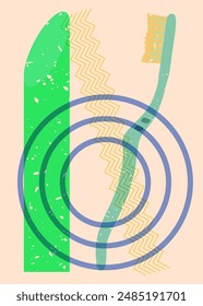 Risograph Toothbrush with geometric shapes. Objects in trendy riso graph print texture style design with geometry elements.