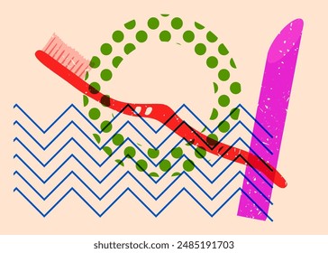 Risograph Toothbrush with geometric shapes. Objects in trendy riso graph print texture style design with geometry elements.