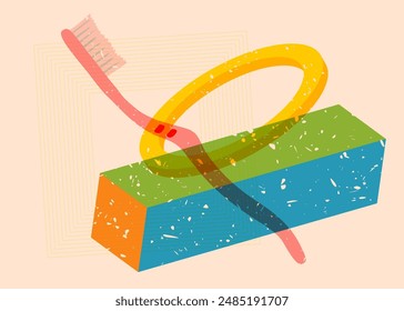 Risograph Toothbrush with geometric shapes. Objects in trendy riso graph print texture style design with geometry elements.