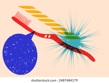 Risograph Toothbrush with speech bubble with geometric shapes. Objects in trendy riso graph print texture style design with geometry elements.