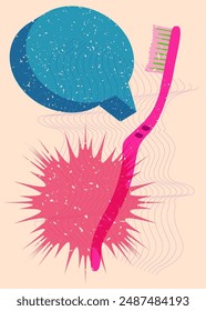 Risograph Toothbrush with speech bubble with geometric shapes. Objects in trendy riso graph print texture style design with geometry elements.