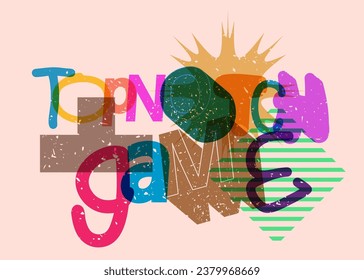 Risograph Topnotch Game word with geometric shapes. Object in trendy riso graph design.