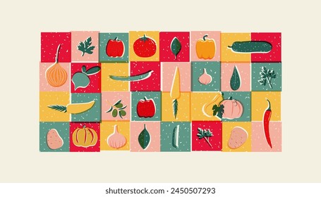 Risograph Vegetables, healthy organic Food, natural geometric Pattern in Tiles, decorative abstract art with Tomatoes, Potatos, Garlic, Onion, Green, banner, wallpaper