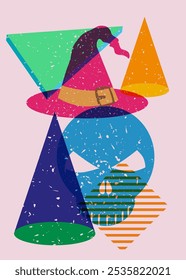 Risograph Witch Hat and skull with geometric shapes. Objects in trendy riso graph print texture style design with geometry elements.