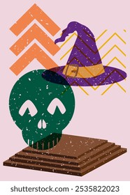 Risograph Witch Hat and skull with geometric shapes. Objects in trendy riso graph print texture style design with geometry elements.