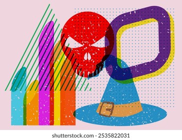 Risograph Witch Hat and skull with geometric shapes. Objects in trendy riso graph print texture style design with geometry elements.