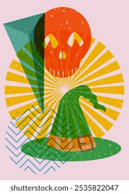 Risograph Witch Hat and skull with geometric shapes. Objects in trendy riso graph print texture style design with geometry elements.