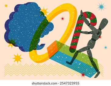 Risograph Wooden puppet holding Candy Cane with speech bubble with geometric shapes. Objects in trendy riso graph print texture style design with geometry elements.