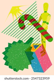 Risograph Wooden puppet holding Candy Cane with speech bubble with geometric shapes. Objects in trendy riso graph print texture style design with geometry elements.