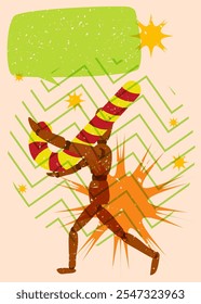 Risograph Wooden puppet holding Candy Cane with speech bubble with geometric shapes. Objects in trendy riso graph print texture style design with geometry elements.