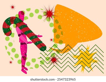 Risograph Wooden puppet holding Candy Cane with speech bubble with geometric shapes. Objects in trendy riso graph print texture style design with geometry elements.