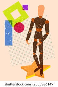 Risograph Wooden Puppet, Mannequin with geometric shapes. Objects in trendy riso graph print texture style design with geometry elements.