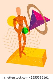 Risograph Wooden Puppet, Mannequin with geometric shapes. Objects in trendy riso graph print texture style design with geometry elements.