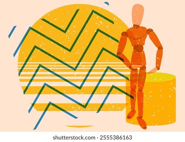 Risograph Wooden Puppet, Mannequin with geometric shapes. Objects in trendy riso graph print texture style design with geometry elements.