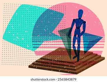 Risograph Wooden Puppet, Mannequin with speech bubble with geometric shapes. Objects in trendy riso graph print texture style design with geometry elements.