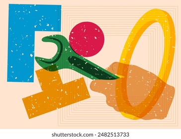 Risograph wrench in hand with geometric shapes. Objects in trendy riso graph print texture style design with geometry elements.