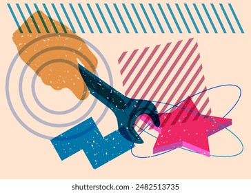 Risograph wrench in hand with geometric shapes. Objects in trendy riso graph print texture style design with geometry elements.