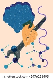 Risograph Wrench with speech bubble with geometric shapes. Objects in trendy riso graph print texture style design with geometry elements.
