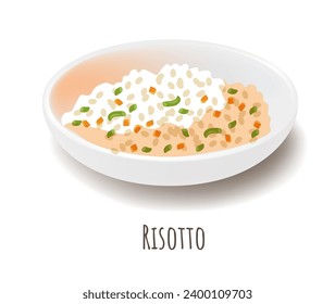 Risotto with cut green young peas pods and carrot, flavored with pancetta. Italian dish with creamy and flavorful texture. Part of well balanced diet and daily nutrition. Vector in flat style