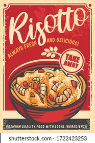 Risotto dish with shrimps and spice. Retro restaurant food menu vector poster design.