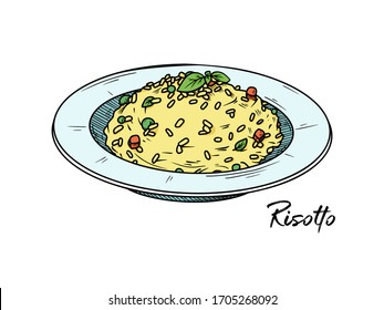 Risotto aislado sobre un fondo blanco. Esbozar platos italianos. Ilustración vectorial en estilo de esbozo.