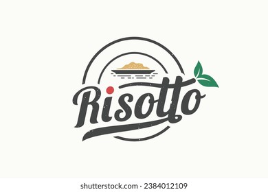 logotipo de risotto con una combinación de risotto, hojas y bellas letras, para comercios de comida, restaurantes, cafés, etc. italianos.