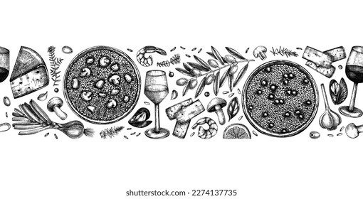 Risotto top view cooking ingredients banner. Wine glass drawings in vintage style. Hand-drawn food and drinks vector illustrations. Classical Italian cuisine seamless ribbon for restaurant menu design