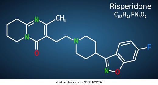 Risperidon molecule. It is antipsychotic medication, used to treat of schizophrenia, bipolar mania, psychosis, depression. Structural chemical formula on the dark blue background. Vector illustration