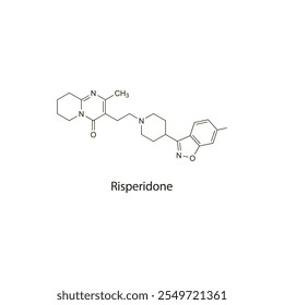Risperidona estrutura molecular esquelética plana Medicamento antipsicótico atípico usado no tratamento da esquizofrenia. Diagrama científico de ilustração vetorial.