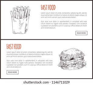  rispy French fries portion and yummy burger with chop and vegetables. Takeaway meal monochrome icon set for snack bar landing page with text sample.
