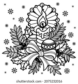 ristmas, New Year composition in doodle style. Black and white linear. Candle, bow, Christmas balls, branches and leaves. For the design of coloring books, prints. posters, postcards, etc. Vector