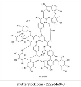 Ristocetin flat skeletal molecular structure Glycopeptide antibiotic drug used in bacterial infection treatment. Vector illustration.