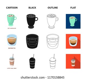 Ristretto, hot chocolate, latte take-away.Different types of coffee set collection icons in cartoon,black,outline,flat style vector symbol stock illustration web.