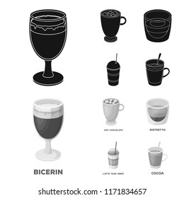 Ristretto, hot chocolate, latte take-away.Different types of coffee set collection icons in black,monochrome style vector symbol stock illustration web.
