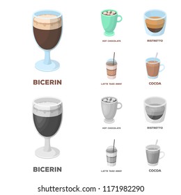Ristretto, hot chocolate, latte take-away.Different types of coffee set collection icons in cartoon,monochrome style vector symbol stock illustration web.