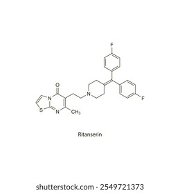 Ritanserina estrutura molecular esquelética plana Antagonista da serotonina usado no tratamento de ansiedade. Diagrama científico de ilustração vetorial.