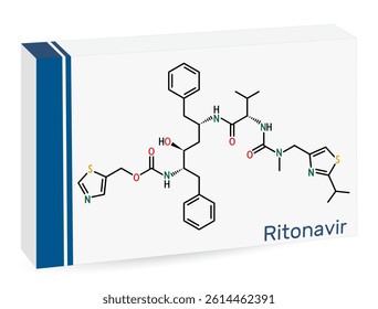 Ritonavir molecule. An antiretroviral drug used to treat HIV infection and AIDS. Paper packaging for drugs. Vector illustration